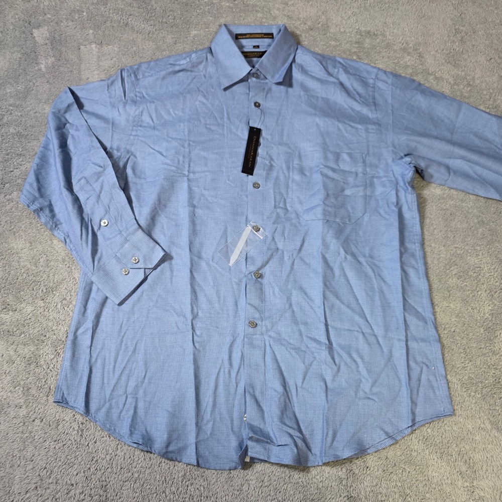 Donna Karan Mens 16 32/33 Dress Shirt Blue Micro Check Cotton Long Sleeve Button